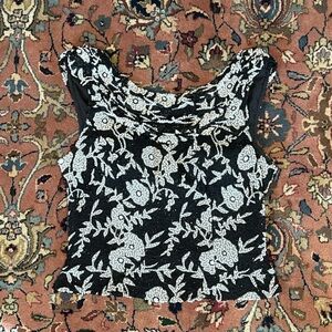 Cache Black and White Beaded Floral Sleeveless Blouse